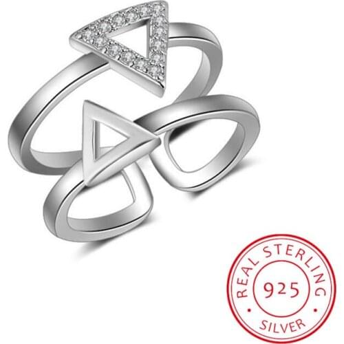 Genuine 925 Sterling Silver Fashion Double Layer Round Triangle CZ Adjustable Ring For Women S925 Ring Jewelry DS721