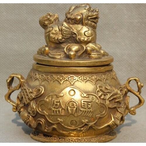161@g++5" Marked Chinese Brass Lion Beast Wealth Treasure Bowl Incense Burner Censer