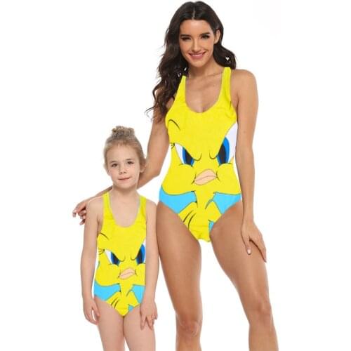 Mother Girl Cute Yellow Bird Swimwear Mommy and Me Family Matching Cartoon One Piece Swimsuits Sporty Monokini Bikini Beachwear