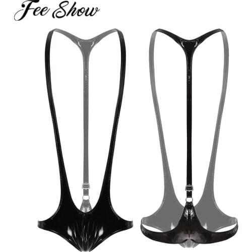 Mens Wet Look Patent Leather Racer Back Jockstrap Leotard Sissy Panties Underwear Mankini Wrestling Singlet Bodysuit Jumpsuits