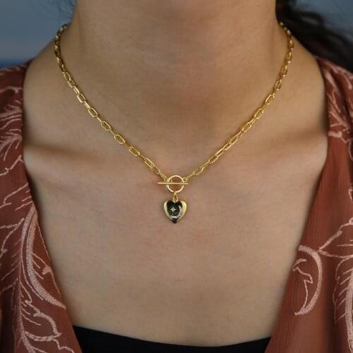 Heart signet charm open link chain paper clip chain women fashion necklace gold fashion jewelry