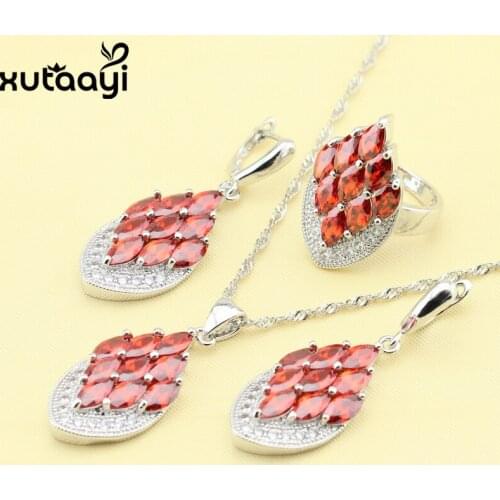 Charming Three-Piece Jewelry Set Silver Jewelry Superior Created Red Garnet Earring Necklace Pendant Ring For Women