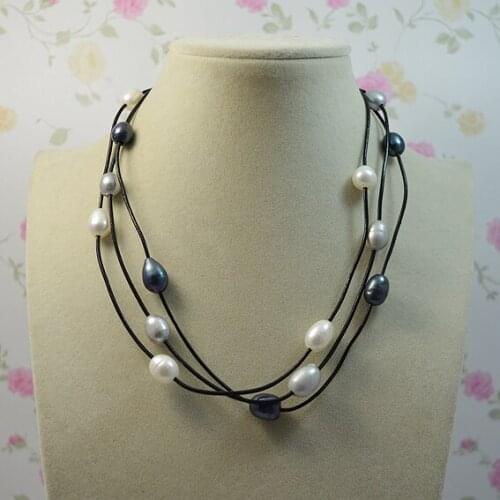 Perfect Pearl Jewelry Genuine Freshwater Pearl Black Leather Necklace Handmade Pearl Jewelry New Free Shipping