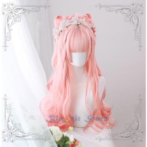 Mixed Pink Lolita Wig Harajuku Fairy Peach Cosplay Bangs Temples Curly Body Wave Long Candy Sweet Fringe Adult Girls Hair