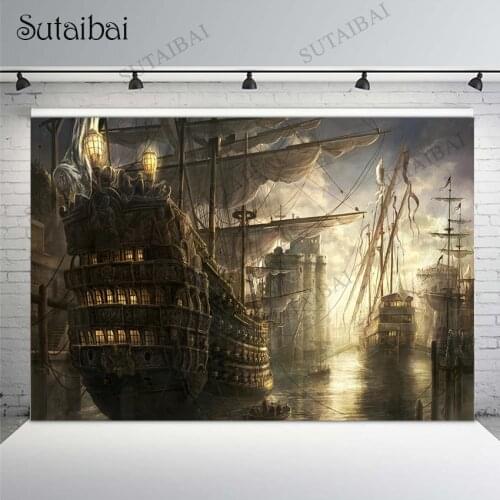 Pirate Ship Light Sea Ocean Castle Photography Backgrounds Vintage Boat Poster Wallpaper High Quality Computer Print Backdrop