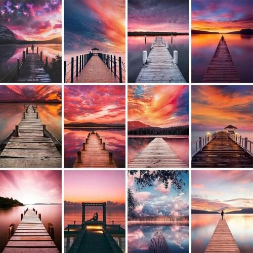 Full Square 5d Diamond Painting Sunset Landscape Mosaic Pictures DIY Diamond Embroidery Bridge Handicraft Wall Art