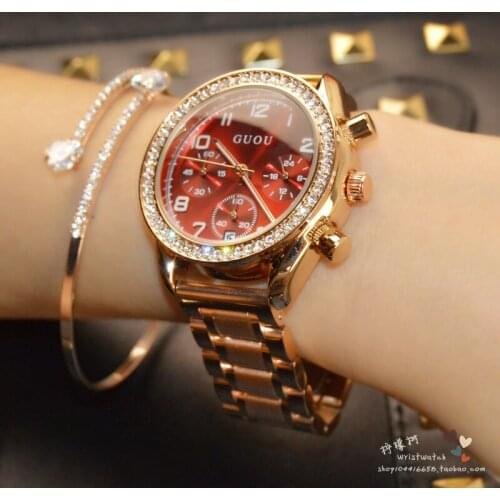 Luxurious lady watch steel band three eyes and six needles leisure fashion female watch quartz watch