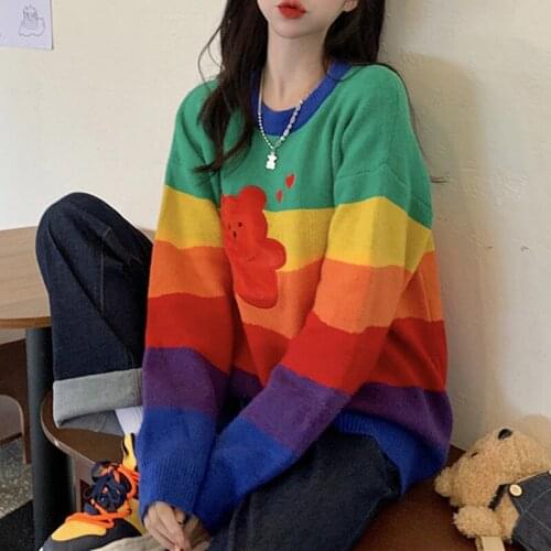 Embroidery Bear Sweater Women Long Sleeve Pullovers Rainbow Striped Knitted Sweaters Autumn Winter Clothes Pull Femme jumper