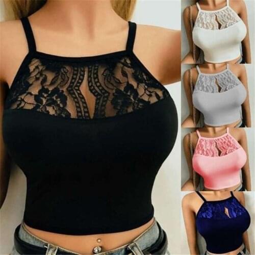 Sexy Lace Floral Spaghetti Crop Tops For Women Summer Girl Fitness Hollow Out Tank Top Kawaii Camis Top Female 2021