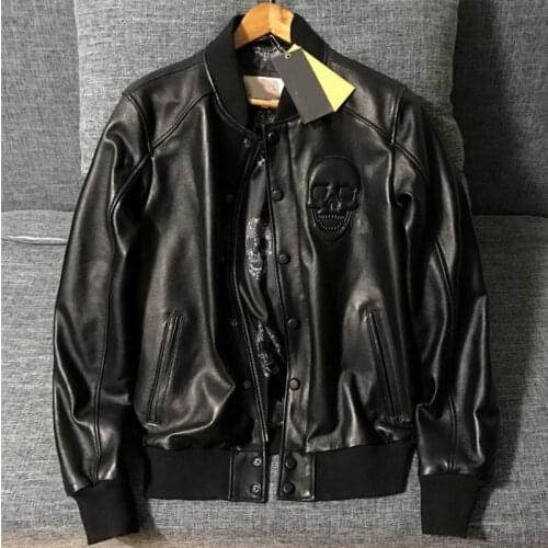 High Quality Mens Genuine Leather Jackets Skull XXXL Plus Size Real Sheepskin Coats Automotive Designer Mens Overcoats Spring