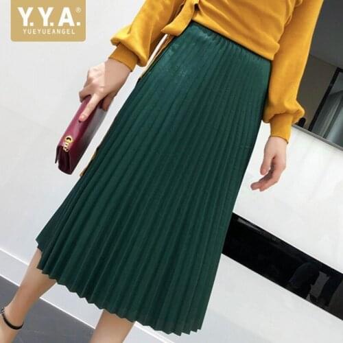 Autumn New Elegant Women Vintage Mid Calf Long Pleated Skirt Retro Office Ladies High Waist Soft Sheepskin Genuine Leather Skirt