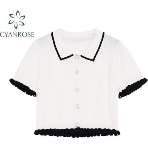 2021 White Cardigan Crop Blouses Lapel Elegant Short Sleeve Rok Shirts Summer Stylish Work Office Ladies E-Girl Relax Blusas Top