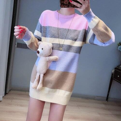 Hit Color Striped Fashion Sweater Long Lazy Oaf Pullovers 2021 Autumn Winter Sweater Women Round Neck 3D Cartoon Doll Sweaters