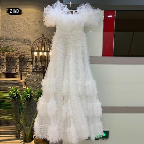 Luxury white floor Dress Tulle Ball Wedding party birthday dress for women off the shoulder ruched sexy backless prom elegant