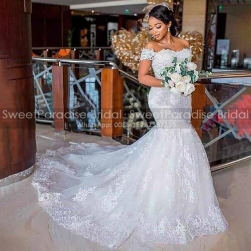 White Lace Tulle Mermaid Wedding Dress For Women Long Court Train Boat Neck Bridal Dresses Vestidos De Novia
