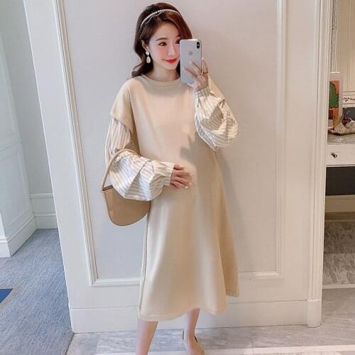 8001# Maternity Clothes Spring Autumn Cotton False Two-piece Loose Stylish Dress for Pregnant Women Pregnancy Clothes