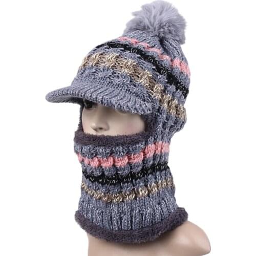 Women Winter Knit Balaclava Beanie Hat with Visor Brim Colorful Striped Pompom Ski Face Mask Plush Lined Neck Warmer