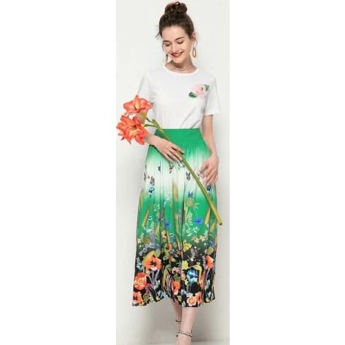 White floral womens t-shirt 2021 + green print and calf skirt fashion suit womens summer fashion 2021women elegant