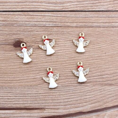 White Christmas Rhinestone Angel Pendant 15*16mm Enamel Gold Charms DIY Jewelry Accessories For Handmade Necklace Keychains