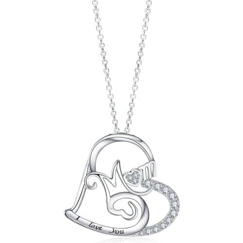 BONISKISS New Heart to Heart 925 Sterling Silver Pendant Necklace For Mothers Day Gift I love you letter Necklace Jewelry
