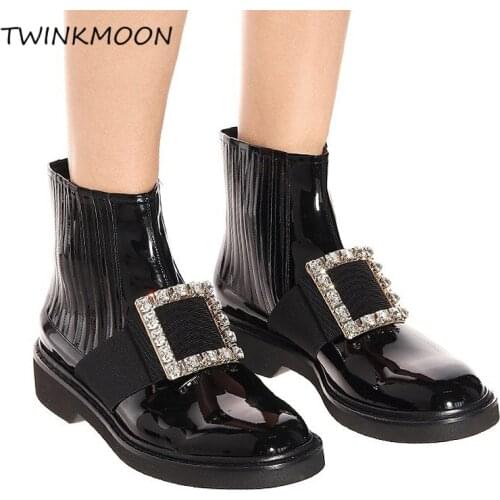 Crystal Buckle Womens Winter Ankle Boots Round Toe Black Patent Leather Sexy Punk Ladies Booties Platform Flats Shoes botas