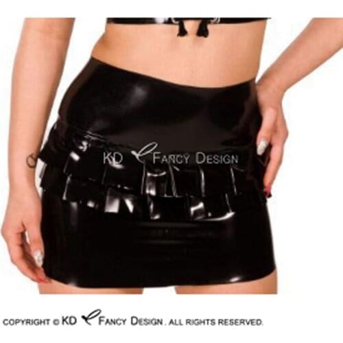 Black Sexy Mini Latex Skirts With Ruffles And Zipper At Back Rubber Bottoms DQ-0043