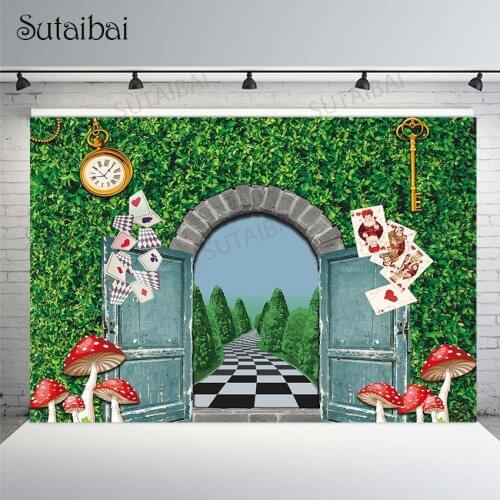 In Wonderland Photography Backdrops Fairy Tale Mushroom Wood Door Background for Photo Studio Chidlren Birthday Party Decoration