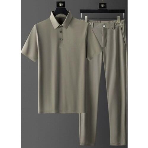 2021 High End Luxury Silk Fabric Two Piece Mens Spring Summer Personalized Simple Lapel Short Sleeve Casual Suit Tracksuit Hot