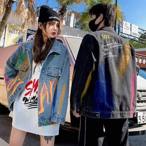 Streetwear Hip hop Bomber jacket Loose Wash denim jacket women Denim jacket women Coat Women jacket Graffiti Lovers jacket Coat
