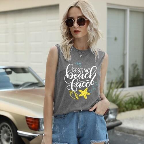 Summer Basic T-shirt Women Casual O Neck Sleeveless Letters Print T Shirt Female Tee Tops Loose Fun Tank Tops