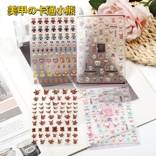Fashion Nail Stickers Bears Girs Heart Cute Carton Bears Dry Nail Decals Transparent Back Glue Adhesive Waterproof Nail Art