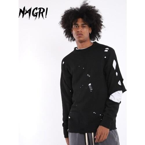 NAGRI Ripped Hole Men Sweater Oversized Autumn Winter Hip Hop Streetwear Solid Color Casual Long Sleeve Knitted Pullovers