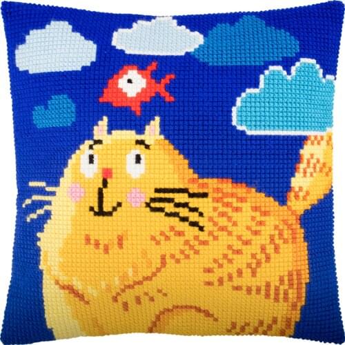 Cross Stitch Cushion Cover Cat with Fish Needlepoint Kits Pre-Printed Canvas Chunky Yarn Cross-stitch Pillow Case Arts & Crafts