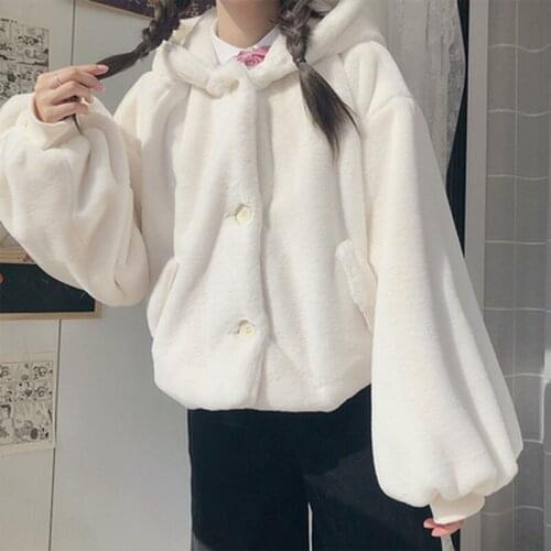 Winter White Cute Parkas Soft Oversized Fluffy Faux Fur Coat Women with Hood Long Sleeve Lovely Harajuku Kawaii Jacket 2021