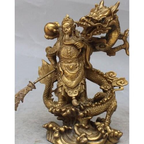 Song voge gem S0006 10"Chinese Bronze Guan Gong Warrior God Sword Stand in Dragon Statue