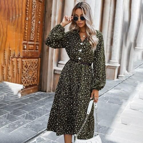Fashion Long Sleeve Leopard Midi Dress Women 2021 Autumn Loose Casual Yellow Vintage Office Ladies Dresses For Woman Robe Femme