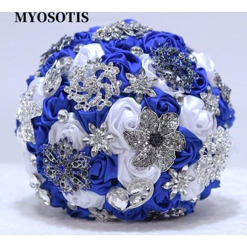 Luxury Rhinestones Beaded Wedding Bouquets Handmade Light Blue White Satin Roses Flowers Bridesmaid Hand Bouquet Accessories