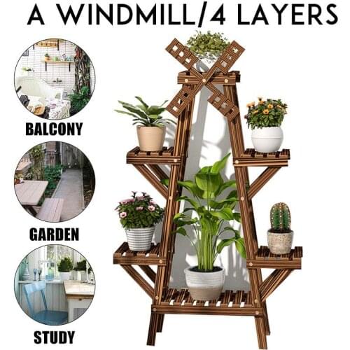 Windmill Wooden Plant Stand Pot Durable Plant shelf Flower pot stand Storage Rack Plant Holder Outdoor Furniture Decoration