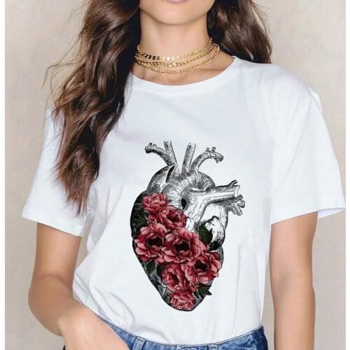 Heart Flower Print Womens T-shirt Summer Fashion Graphic T-shirt Short Sleeve Harajuku Casual T-shirt Women