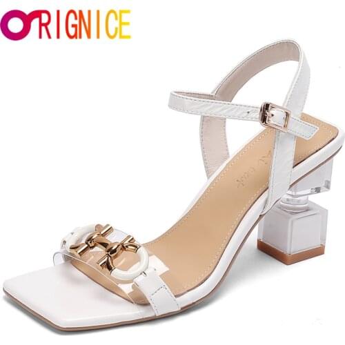 Orignice Brand Design Women Sandals Genuine Leather 2021 Summer Metal Buckle Strap Special Shaped High Heels Wedding Party Shoes