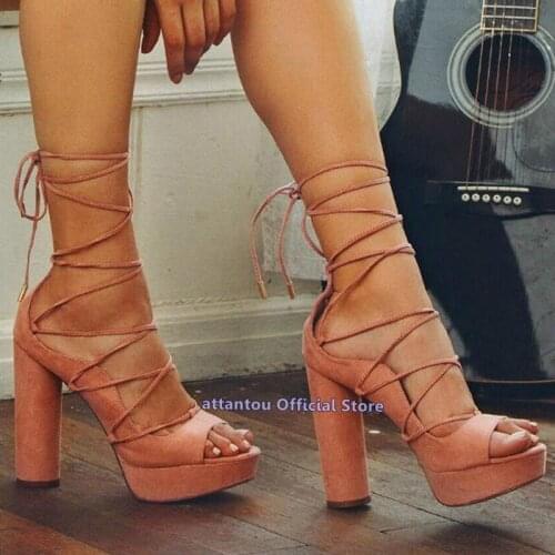 New Spring Summer Round Toe Chunky Heel Lace Up Platforms Block High Heels Shoes Women Cross Tied Sandals