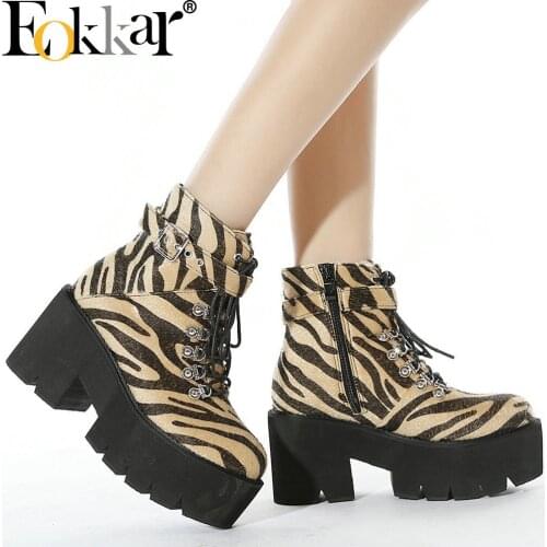 EOKKAR Zebra Print Boots Woman Platform Chunky High Heel Gothic Ankle Boots Lace Up Square Heel Winter Boots for Ladies Shoes