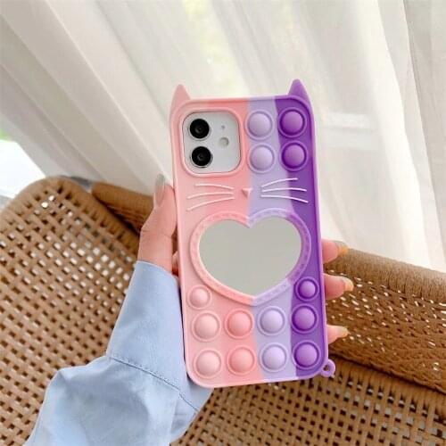 Fidget Toys Push Bubble With Makeup Mirror Women Phone Case For iPhone 11 12 Pro Max Mini SE 2020 6 7 8 Plus XS 6S X XR Cover