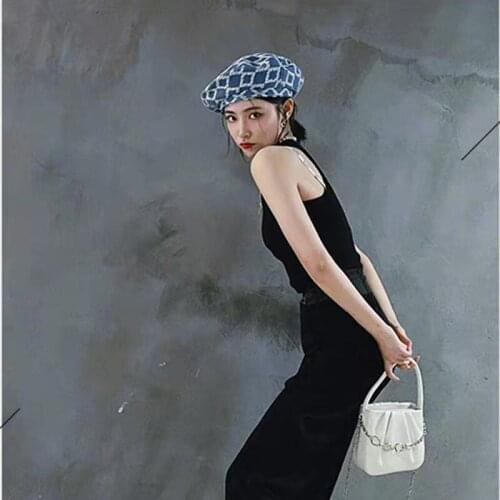 Fashion Plaid Denim Beret For Women Big Size 60cm Head Ajustable Retro Diamond Painter Hat Four Seasons Wholesale