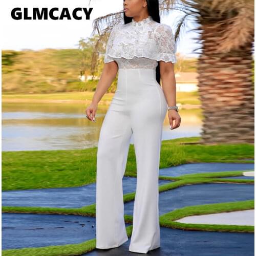 3 Colors Women Plus Size Lace Splicing Wide Leg Bodycon Jumpsuit Chic Elegant Solid Slim Overalls