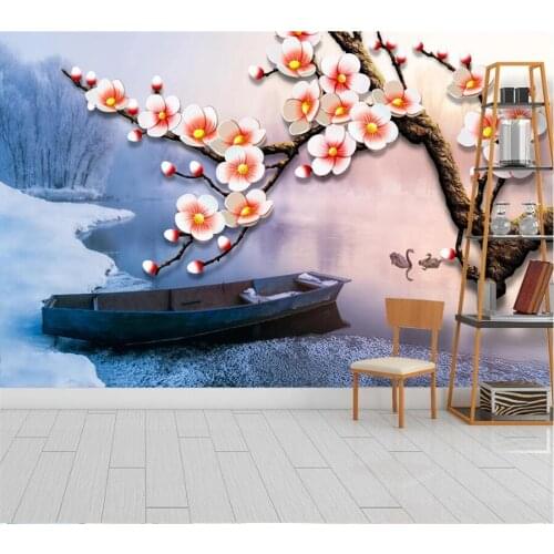 Customized Wallpaper 3d Beautiful Purple Donglai Aoxue Plum Blossom Mural Flower Bird Lake Boat Artistic Conception Decoration