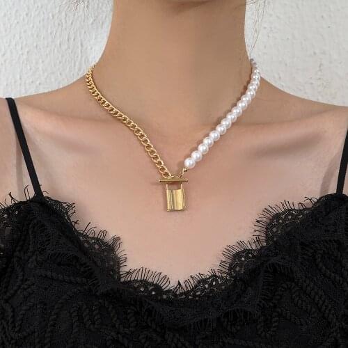 Lost Lady Creative Gold Plated Alloy Padlock Pendant Necklace Trendy Half Pearl Chain Necklace Fashion Fashion Necklace Jewelry