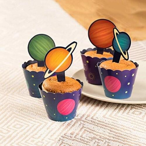 Cupcake Toppers Space Birthday Party Outer Space Planet Themed Paper Cake Wrappers Kids Birthday Party Decoration Baby Shower