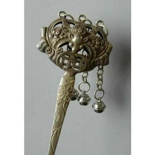 Chinese old Tibet silver Gemstone inlay Carving bat Hairpin