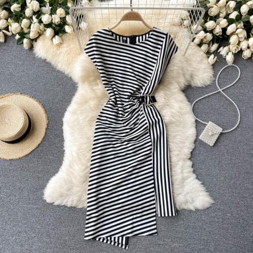 Royal Sister Light Cooked Style Dress Summer New Retro Striped Design Sense Stitching Irregular Slim Mid-length Skirt